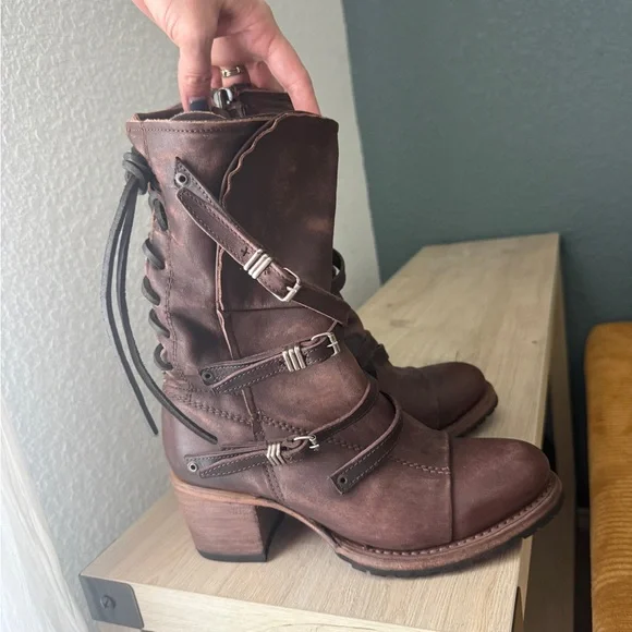 freebird Distressed Brown Leather Buckle Mid-Calf Heeled Boots - Picture 3 of 6